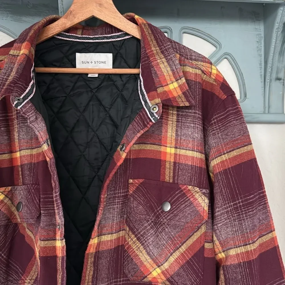 Sun & Stone Men's Plaid Flannel Shirt Shacket Burgundy Yellow Jacob Shirt Jacket